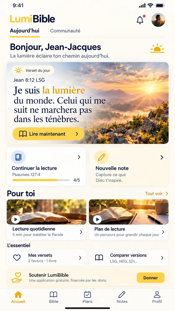 Écran d'accueil de l'application : verset du jour, reprendre la lecture, nouvelle note